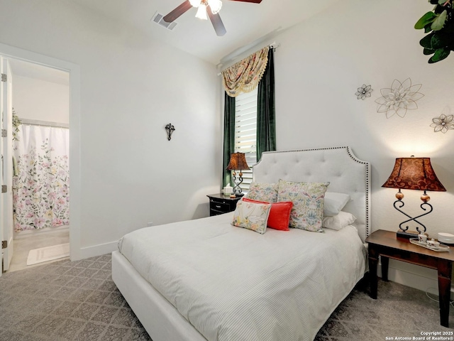 24742 Para Siempre, San Antonio, TX 78261 - bedroom with ceiling fan, visible vents, lofted ceiling, ensuite bathroom, and carpet