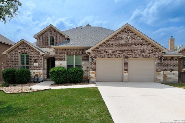 view of front of home with driveway, stone siding, brick siding, an attached garage, and a shingled roof