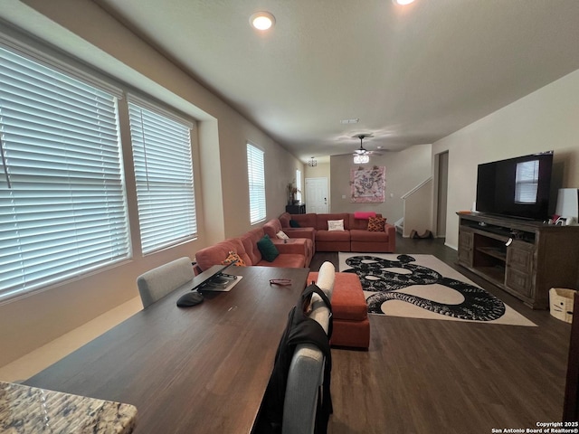 living room featuring wood finished floors, recessed lighting, and ceiling fan