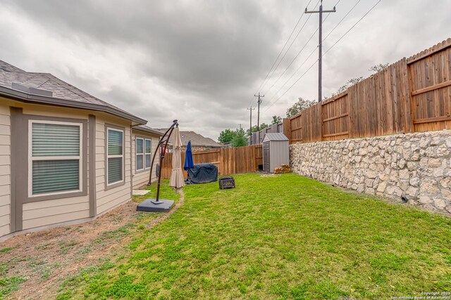 12177 Tower Frst, San Antonio, TX 78253 - view of yard featuring an outdoor structure, a storage unit, and a fenced backyard
