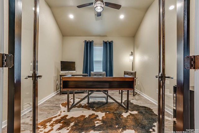 12177 Tower Frst, San Antonio, TX 78253 - home office featuring baseboards, lofted ceiling, ceiling fan, and wood finished floors
