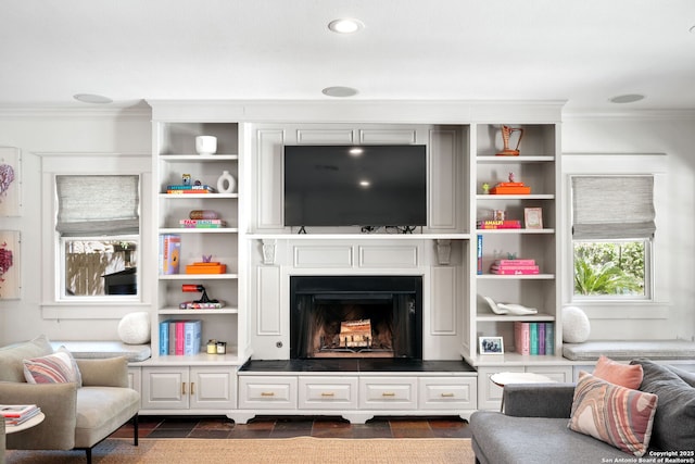 204 Parklane, Olmos Park, TX 78212 - living area featuring crown molding and a fireplace