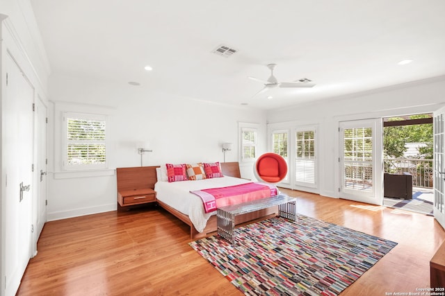 204 Parklane, Olmos Park, TX 78212 - bedroom featuring access to outside, baseboards, light wood-style floors, recessed lighting, and a ceiling fan