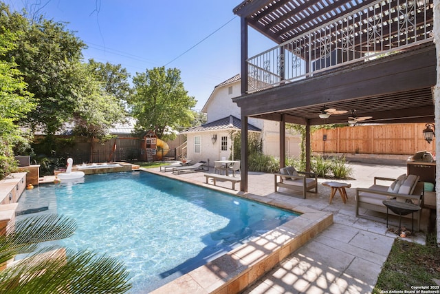 204 Parklane, Olmos Park, TX 78212 - view of pool featuring a fenced backyard, a patio, and ceiling fan