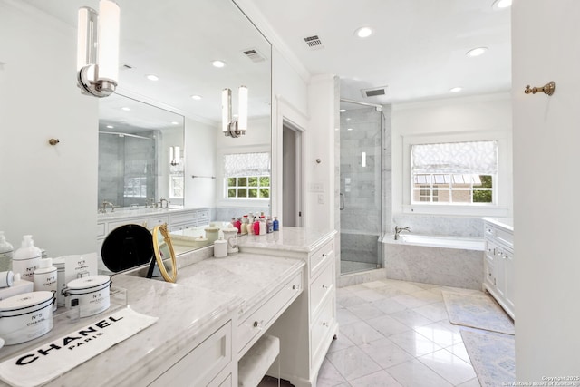 204 Parklane, Olmos Park, TX 78212 - full bathroom with ornamental molding, a shower stall, recessed lighting, a garden tub, and tile patterned floors