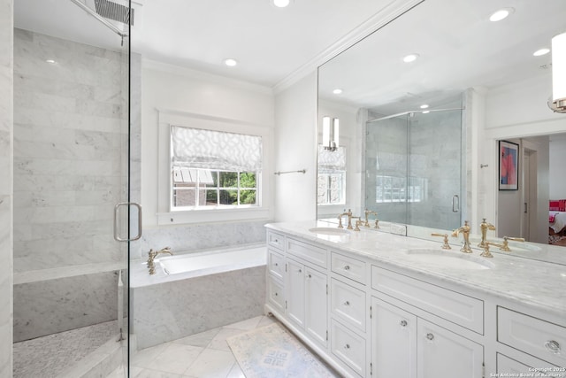 204 Parklane, Olmos Park, TX 78212 - full bathroom featuring a shower stall, ornamental molding, double vanity, a bath, and recessed lighting
