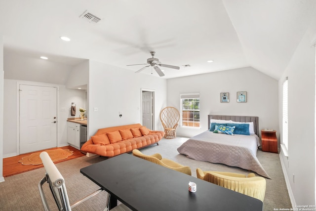 204 Parklane, Olmos Park, TX 78212 - bedroom with vaulted ceiling, a ceiling fan, connected bathroom, recessed lighting, and baseboards