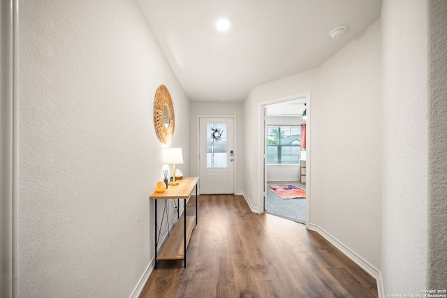 interior space with baseboards and dark wood-style floors