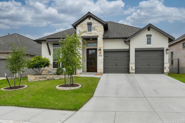 view of front of property with stucco siding, stone siding, a shingled roof, and concrete driveway