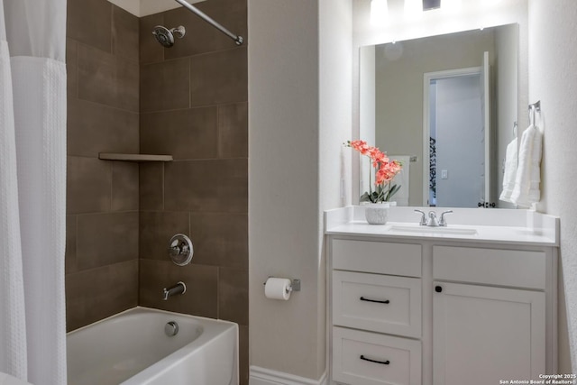 full bath with vanity and shower / bath combination with curtain