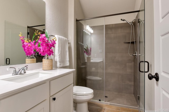 bathroom with vanity, a shower stall, and toilet