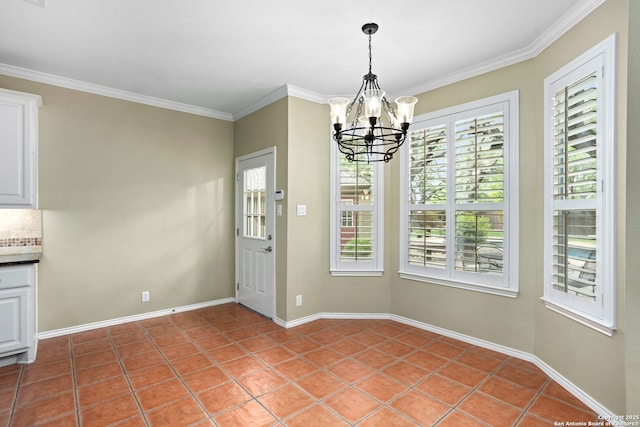 unfurnished dining area featuring crown molding, light tile patterned flooring, a chandelier, and baseboards