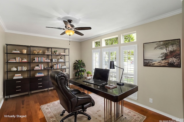 office area with ornamental molding, dark wood-style floors, a ceiling fan, and baseboards