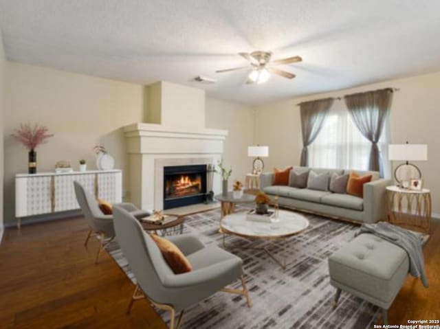 6635 Meadow Dawn, Converse, TX 78109 - living area with wood finished floors, a ceiling fan, a warm lit fireplace, and baseboards