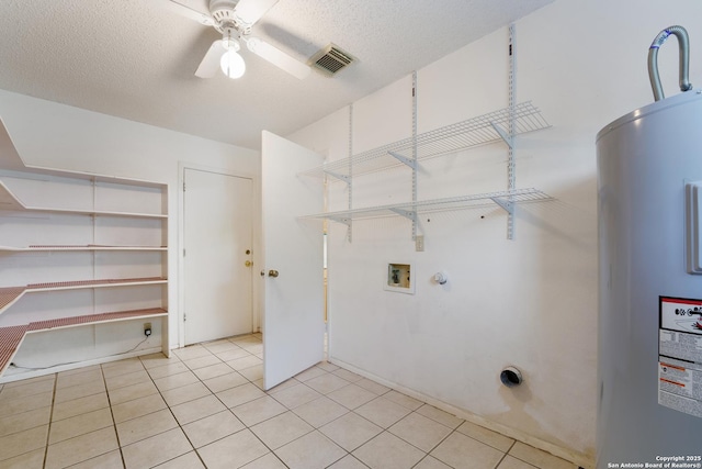 6635 Meadow Dawn, Converse, TX 78109 - washroom featuring light tile patterned floors, ceiling fan, washer hookup, laundry area, and electric water heater