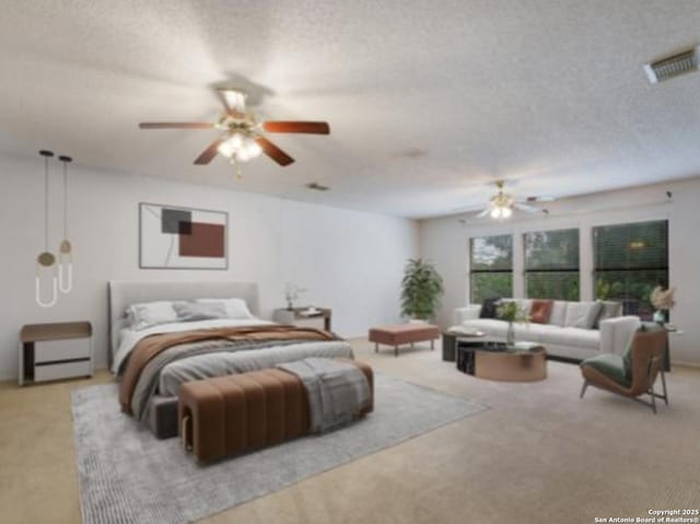 6635 Meadow Dawn, Converse, TX 78109 - carpeted bedroom featuring a textured ceiling, visible vents, and a ceiling fan
