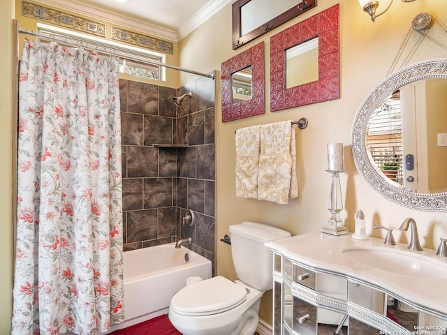 bathroom featuring shower / bath combo with shower curtain, toilet, ornamental molding, and a sink