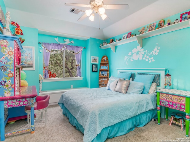 bedroom featuring visible vents, a ceiling fan, and carpet floors