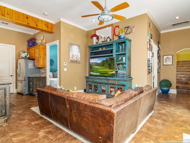 living area with ornamental molding, recessed lighting, ceiling fan, and visible vents