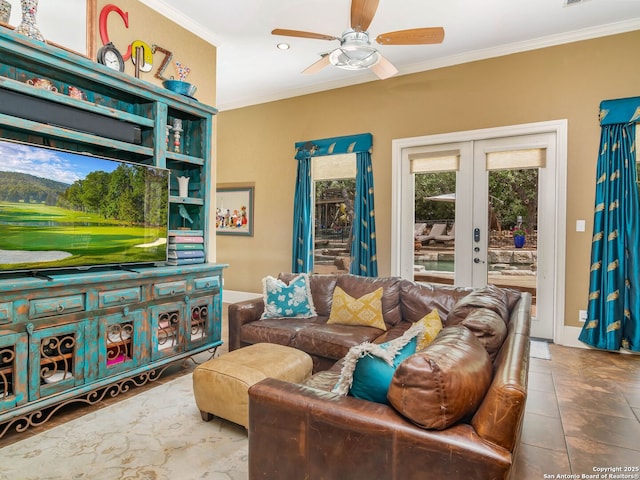 living room featuring crown molding, recessed lighting, a ceiling fan, and french doors