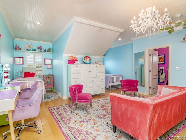 bedroom with an inviting chandelier, recessed lighting, ornamental molding, and wood-type flooring