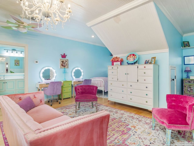 interior space with lofted ceiling, light wood-style flooring, ornamental molding, and ceiling fan with notable chandelier
