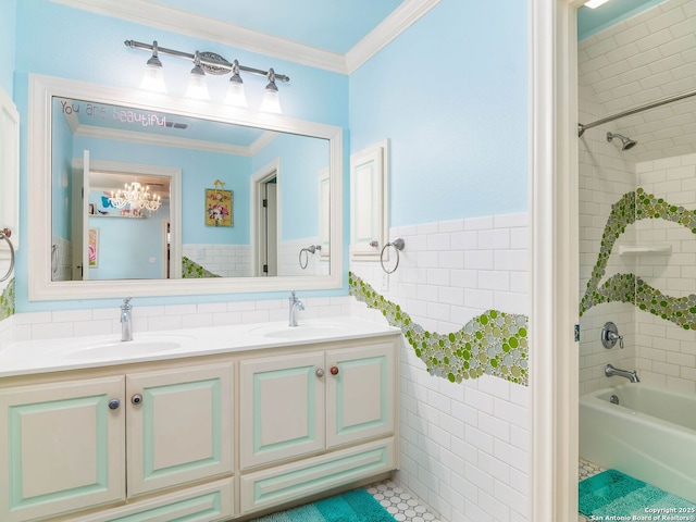 full bath featuring tile walls, ornamental molding, washtub / shower combination, and a sink