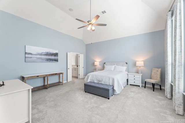 bedroom with carpet flooring, visible vents, baseboards, a ceiling fan, and high vaulted ceiling