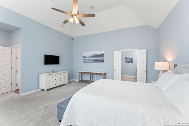 bedroom featuring visible vents, ceiling fan, baseboards, carpet floors, and high vaulted ceiling