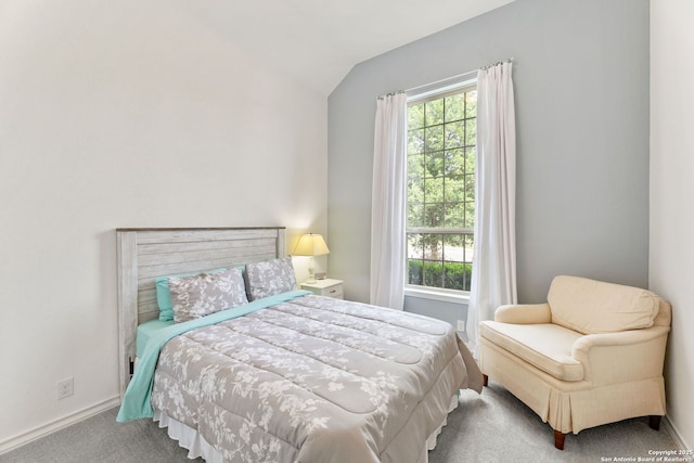 bedroom featuring lofted ceiling, carpet, and baseboards