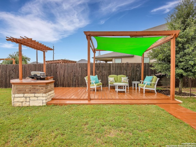 wooden terrace featuring a fenced backyard and a yard