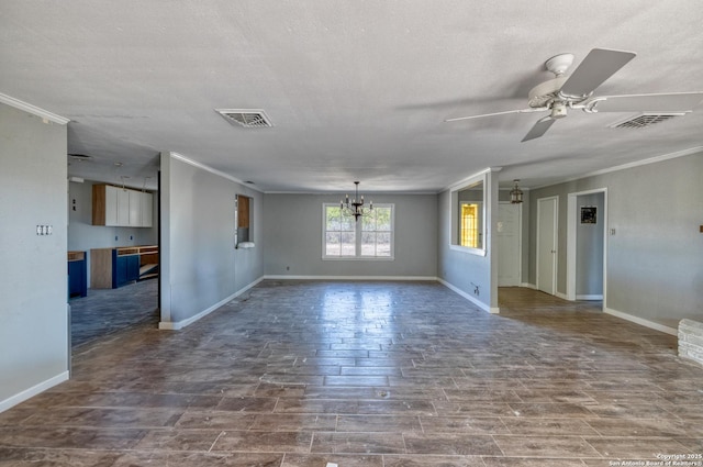 unfurnished living room featuring visible vents, crown molding, baseboards, and ceiling fan with notable chandelier