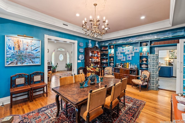 112 King William, San Antonio, TX 78204 - dining room featuring recessed lighting, a notable chandelier, crown molding, visible vents, and wood finished floors