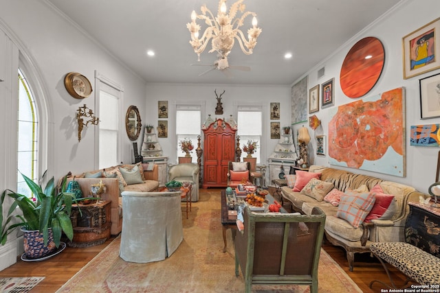 112 King William, San Antonio, TX 78204 - living area with crown molding, recessed lighting, visible vents, and ceiling fan with notable chandelier