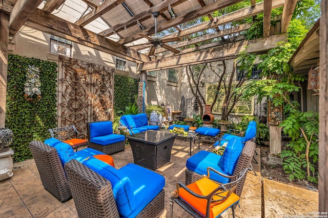 112 King William, San Antonio, TX 78204 - view of patio with an outdoor hangout area, ceiling fan, and a pergola