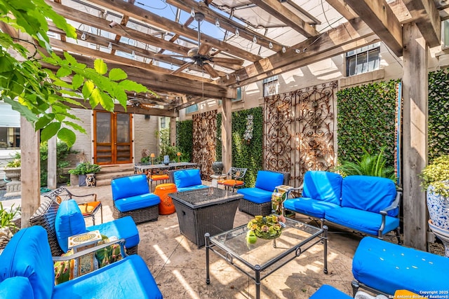 112 King William, San Antonio, TX 78204 - view of patio featuring a ceiling fan, a pergola, french doors, and an outdoor living space