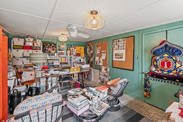 112 King William, San Antonio, TX 78204 - office with tile patterned floors, baseboards, ceiling fan, and crown molding
