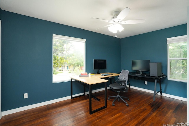 office with wood finished floors, ceiling fan, and baseboards