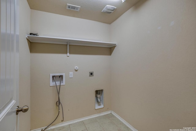 laundry room featuring hookup for a gas dryer, visible vents, baseboards, hookup for a washing machine, and laundry area