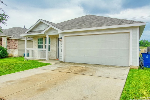 ranch-style house featuring a porch, brick siding, a shingled roof, concrete driveway, and an attached garage