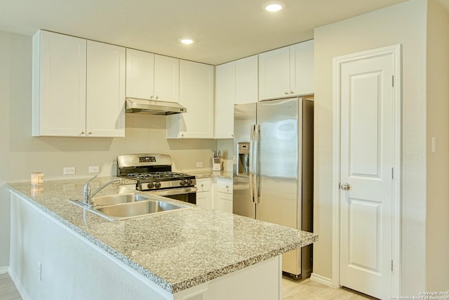 kitchen with a sink, under cabinet range hood, a peninsula, white cabinets, and appliances with stainless steel finishes