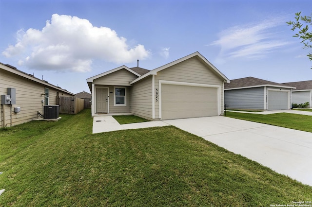 ranch-style house with central AC, a front yard, a shingled roof, and a garage