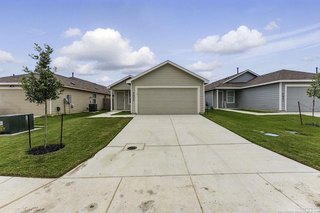 ranch-style home featuring a garage, a front yard, and concrete driveway