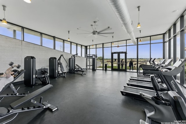 workout area featuring a ceiling fan, french doors, and expansive windows