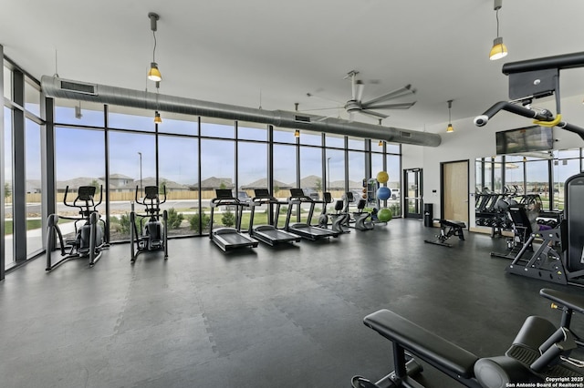 gym featuring a high ceiling, a ceiling fan, visible vents, and a wall of windows