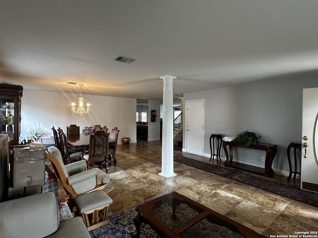 9528 Braun, San Antonio, TX 78254 - living room with stone finish flooring, visible vents, a chandelier, baseboards, and ornate columns
