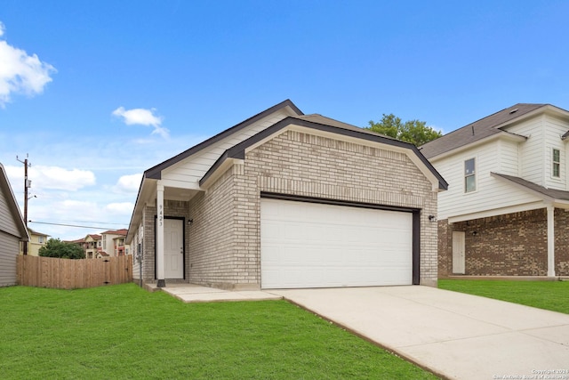 ranch-style house with brick siding, fence, a garage, driveway, and a front lawn