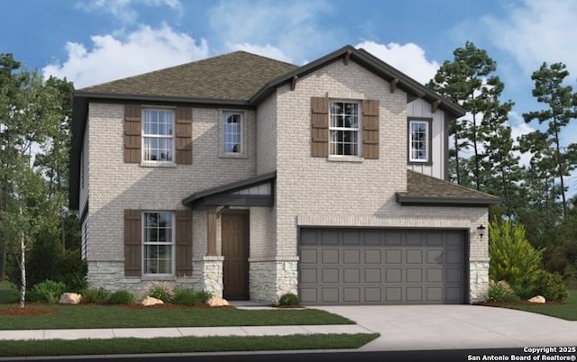 view of front of home with roof with shingles, concrete driveway, brick siding, and a garage