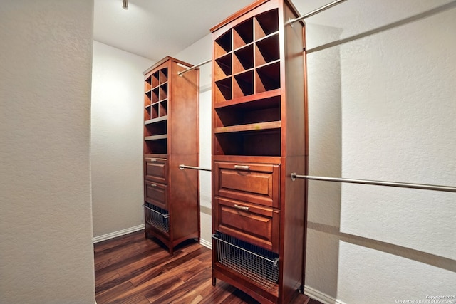 walk in closet with dark wood-style flooring