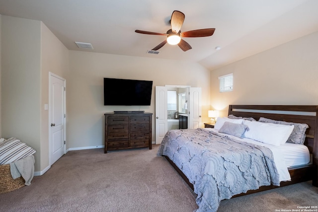 bedroom featuring visible vents, ceiling fan, carpet flooring, and baseboards